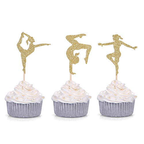 Product Cover 24 Gold Glitter Gymnastics Cupcake Toppers Gymnast Girl Birthday Party Decorations
