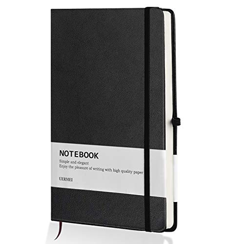 Product Cover UERMEI Hardcover Notebook, Classic Thick Notebook with Pen Loop and Bookmark, A5 Ruled Paper, Qualified 194 Pages Professional Journal Notebook for School and Office, 8.4 x 5.7 in, Black