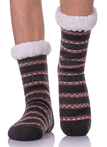 Product Cover LANLEO Men's Fuzzy Ripple Slipper Socks Super Soft Warm Fleece Lining Knit Non Slip Winter Socks Black