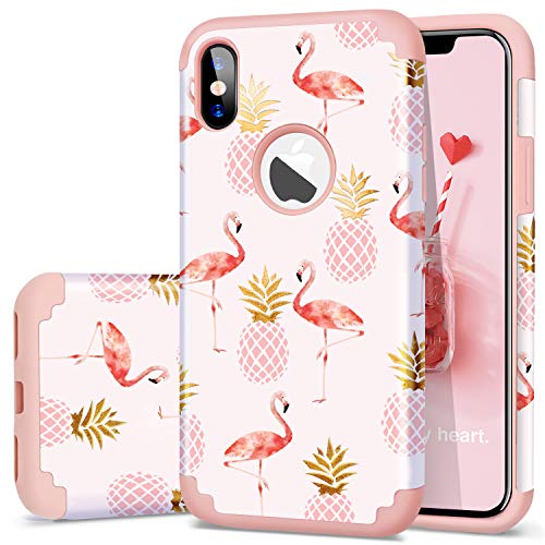 Product Cover Fingic Case for iPhone Xs/X Case,iPhone 10 Case Summer, Pineapple&Flamingos Pattern Cute Case Hard PC&Soft Silicone Case for Girls Cover for Apple iPhone X/XS 2018 5.8