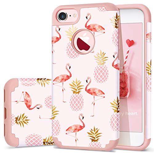 Product Cover Fingic Case for iPhone 7,iPhone 8 Case Pineapple,2 in 1 Slim Case Hard PC&Soft Rubber Pineapple&Flamingos Cute Design Case for Girls Protective Cover for iPhone 7/8,Pink