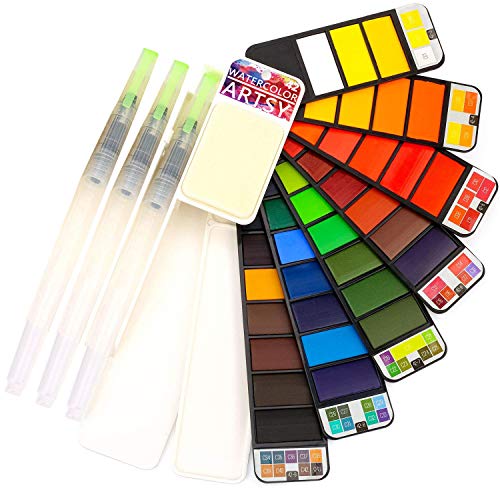 Product Cover Artsy Watercolor Paint Set - 42 Assorted Colors with 3 Brushes - Perfect Foldable Watercolor Field Sketch Set for Outdoor Painting -Travel Pocket Watercolor Kit