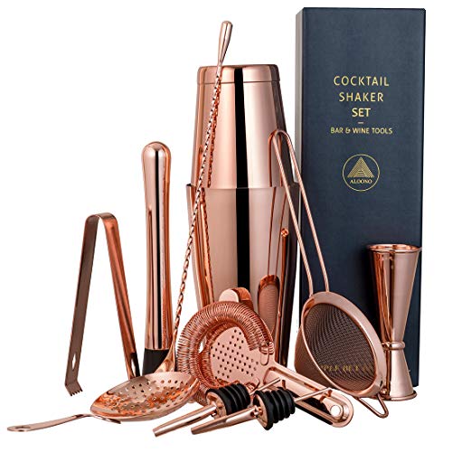 Product Cover 11-piece Copper Cocktail Shaker Bar Set: 2 Weighted Boston Shakers, Cocktail Strainer Set, Double Jigger, Cocktail Muddler and Spoon, Ice Tong and 2 Liquor Pourers
