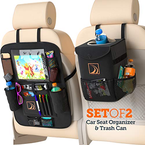 Product Cover Confachi Backseat Organizer and Car Trash Can Bundle of Car Garbage Can with Lid and Car Seat Organizer for Kids with Ipad Holder and Cup Holder and Extra Car Storage Pockets ( Black)