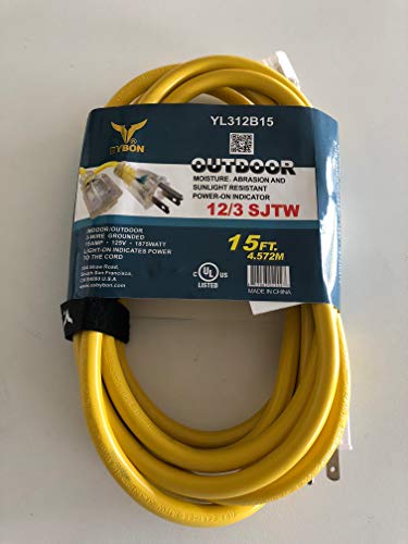 Product Cover BYBON Indoor Outdoor Extension Cord Lighted plug SJTW 12/3 AWG Heavy Duty (15ft, 25ft, or 50ft) UL Listed, Yellow (15ft)