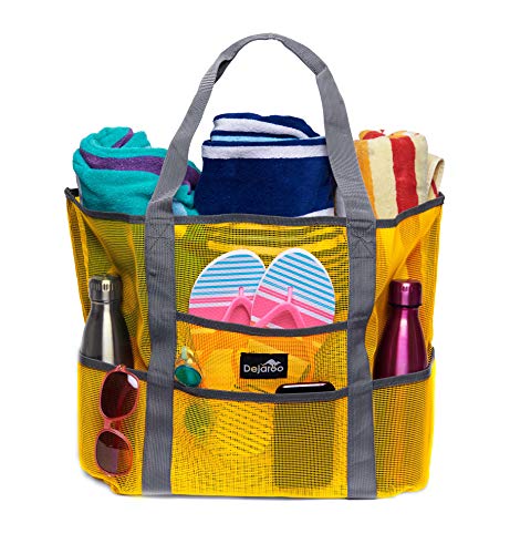 Product Cover Dejaroo Mesh Beach Bag - Toy Tote Bag - Large Lightweight Market, Grocery & Picnic Tote with Oversized Pockets (Yellow with Grey Handles)