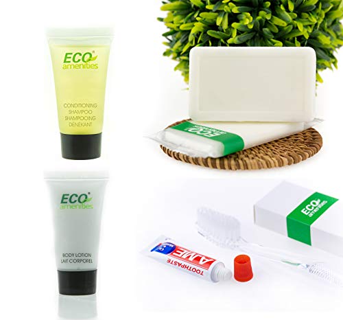 Product Cover ECO Amenities Hotel Soap, Body Lotion, Mini Size Shampoo and Conditioner and Disposable Toothbrush with Toothpaste 4-Piece Hotel Toiletries in Travel Size for Guest, 15 Pack