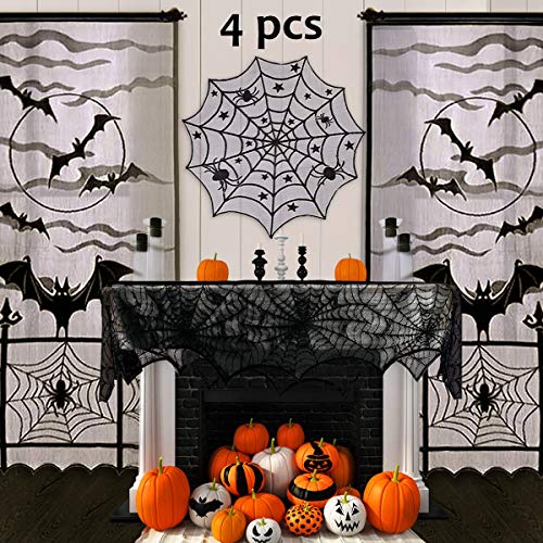 Product Cover Pawliss Halloween Decorations Indoor, Black Lace Party Decor, Bat Window Curtains, Spider Web Fireplace Mantel Scarf Cover, Spiderweb Table Topper Tablecloth, Set of 4