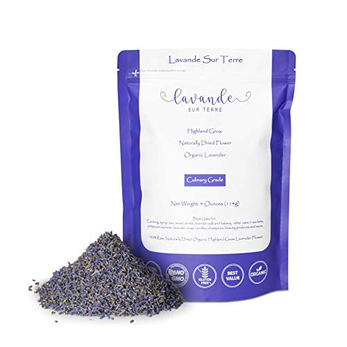Product Cover 4 Ounces Bag Organic Culinary Dried Lavender Buds - Lavandula Dentata - Highland Grow Ultra Blue Premium Grade - Gluten-Free, Non-GMO - Perfect for Baking, Lemonade, Salt - by Lavande Sur Terre