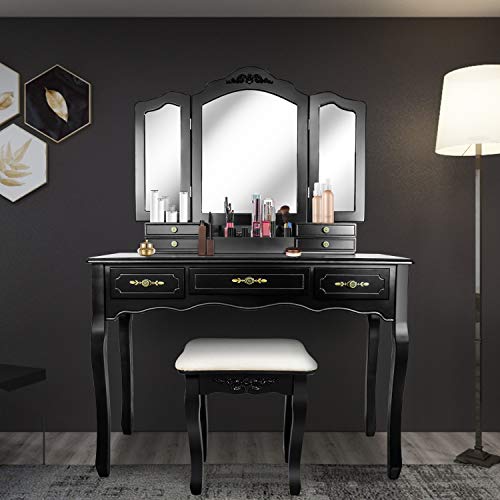 Product Cover Tri Folding Mirror Vanity Table Set Dressing Table with Cushioned Stool& 7 Storage Drawer Wood Furniture (Black)