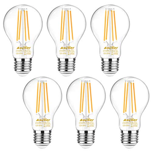 Product Cover Ascher 60 Watt Equivalent, E26 LED Filament Light Bulbs, Warm White 2700K, Non-Dimmable, Classic Clear Glass, A19 LED Light Bulb/6-Pack