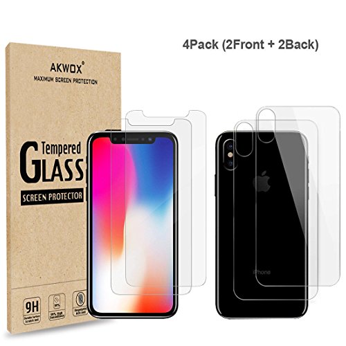 Product Cover (4-Pack) Screen Protectors for iPhone X with Back Covers, Akwox 9H Tempered Glass Front Screen Protector and Back Screen Protector for iPhone X