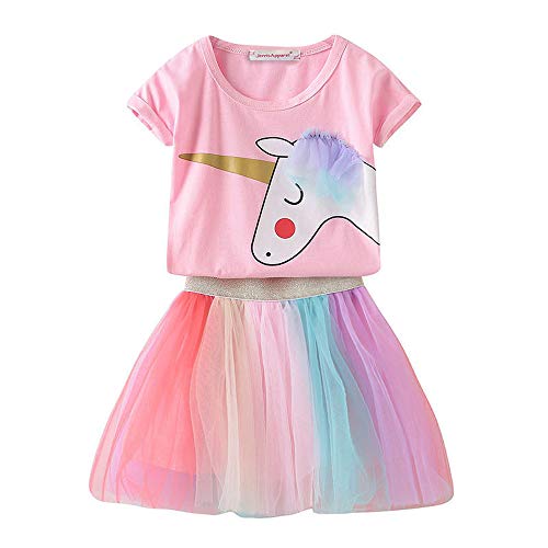 Product Cover JerrisApparel Girls Unicorn Costume Birthday Party Outfit Rainbow Tutu Skirt Set (4T, Pink)