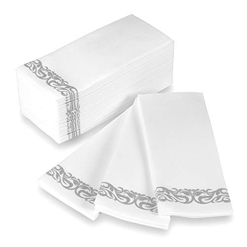 Product Cover Disposable Hand Towels and Decorative Bathroom Napkins with Floral Trim Perfect for Holidays, Dinners, Parties, Weddings, Catering Events, and Everyday Use, 100 Count, Silver