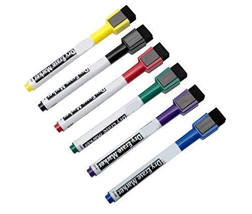 Product Cover Magnetic Dry Erase Markers Non Toxic with Erasers, Fine Tip, Assorted Colors, 6-Count