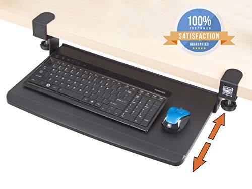 Product Cover Stand Steady Clamp On Keyboard Tray | Keyboard Shelf - Small Size - Easy Tool-Free Install - No Need to Drill into Desk! Retractable to Slide Under Desktop | Great for Home or Office!