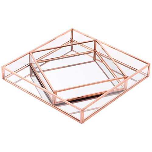 Product Cover Koyal Wholesale Glass Mirror Square Trays Vanity Set of 2, Rose Gold Decorative Mirrored Trays for Coffee Table, Bar Cart, Dresser, Bathroom, Perfume, Makeup, Wedding Centerpieces