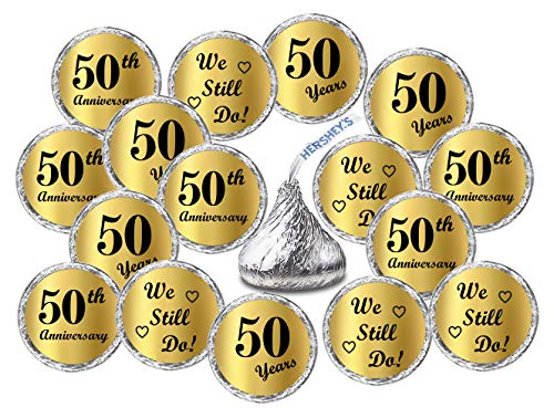 Product Cover Gold Foil 50th Anniversary Kisses Stickers, (Set of 216) Chocolate Drops Labels Stickers for 50th Wedding Anniversary, Hershey's Kisses Party Favors Decor