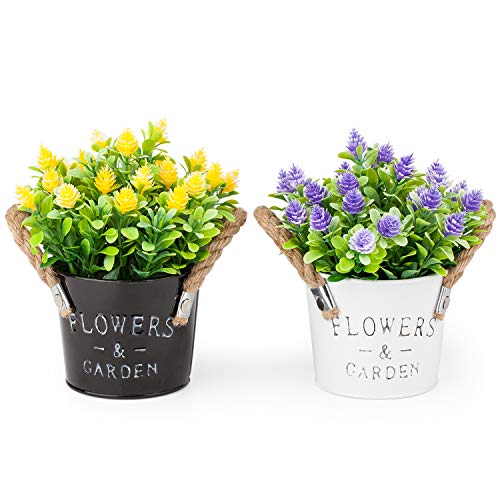 Product Cover MIXROSE Artificial Plastic Mini Plants Fake Flower in Metal Pot for Home Décor Purple and Yellow - Set of 2