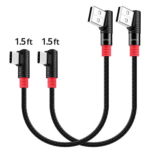 Product Cover Right Angle USB C Cable,SUNGUY (1.5ft/0.5M, 2Pack) Short Nylon Braided 90 Degree Max 5V/2.4A 12W USB-C Fast Charging Data Sync Cable for Samsung Galaxy S9 S8 Plus,Google Pixel 2 XL,OnePlus 5T More