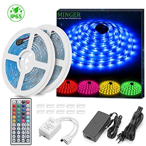 Product Cover Minger LED Strip Lights Kit, Waterproof 2x5m(32.8ft in Total) 5050 RGB 300led Strips Lighting Flexible Color Changing with 44 Key IR Remote Ideal for Home, Kitchen, Christams, DC 12V 4A UL Listed