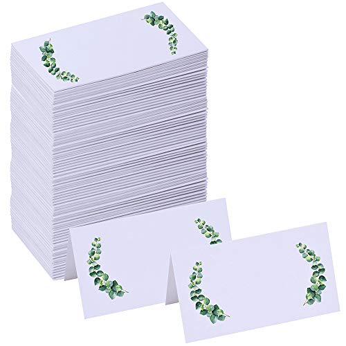 Product Cover Winlyn 100 Pcs Table Name Place Cards Bulk White Blank Place Cards Floral Greenery Eucalyptus Tented Place Cards Seating Assignment Escort Cards - 3.5