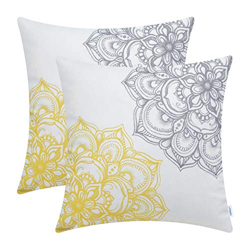 Product Cover CaliTime Pack of 2 Cozy Fleece Throw Pillow Cases Covers for Couch Bed Sofa Vintage Dahlia Floral Both Sides 18 X 18 Inches Yellow Grey