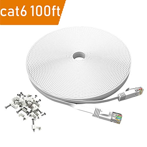Product Cover 100 ft Cat 6 Ethernet Cable White - Flat Wire LAN Rj45 High Speed Internet Network Cable Slim with Clips - Faster Than Cat5e Cat5 with Snagless Connectors- (30 Meters) (100FT-White)
