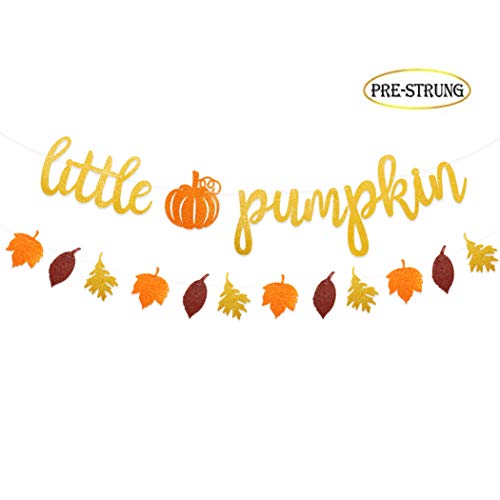 Product Cover Faisichocalato Glitter Little Pumpkin Banner with Pumpkin Fall Leaves for Thanksgiving Fall Theme Baby Shower Kid's Birthday Party Decor