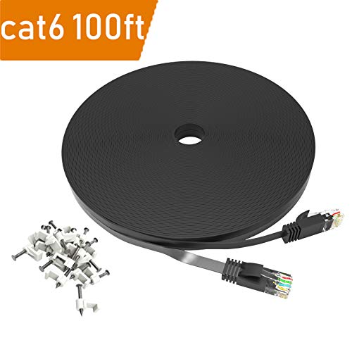 Product Cover 100 ft Cat 6 Ethernet Cable Black - Flat Wire LAN Rj45 High Speed Internet Network Cable Slim with Clips - Faster Than Cat5e Cat5 with Snagless Connectors- (30 Meters) (100FT-Black)