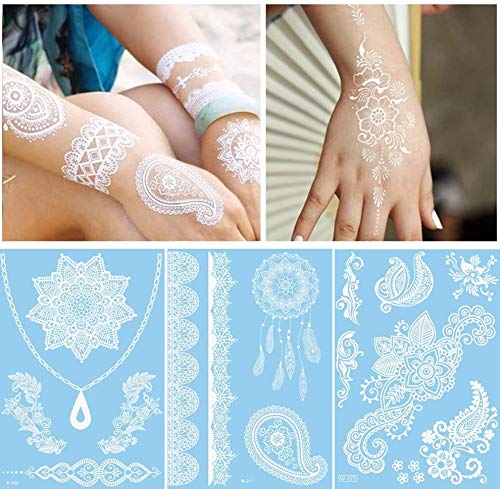Product Cover Tattoos Temporary Henna - 8 PCS | White Women Metallic, Glitter Stickers for Body, Face, Flash Festivals Fake Tattoo