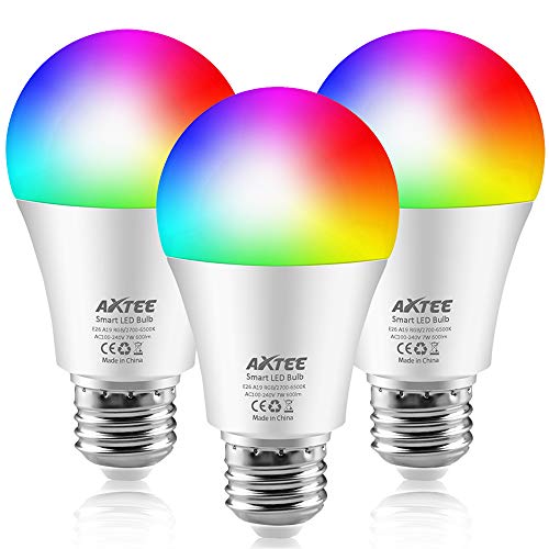 Product Cover AXTEE Smart Light Bulb 2.4G(Not 5G), WiFi LED RGBCW Color Changing Bulbs 2700K-6500K with White Lights Work with Alexa, Echo, Google Home and IFTTT(No Hub Required), A19 E26 60W Equivalent-3 Pack