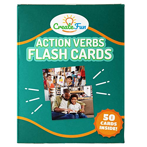 Product Cover CreateFun Action Verbs Flash Cards - 50 Vocabulary Builder Educational Photo Cards - with 6 Teaching Activities for Parents, Classrooms, Speech Therapy Materials, ELL and ESL Teaching Materials