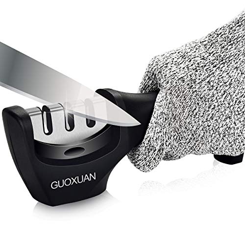 Product Cover Kitchen Manual Stainless Steel Knife Sharpener- GUOXUAN 3-Stage Knife Sharpening Tool Helps Repair, Restore and Polish Blades - Cut-Resistant Glove Included