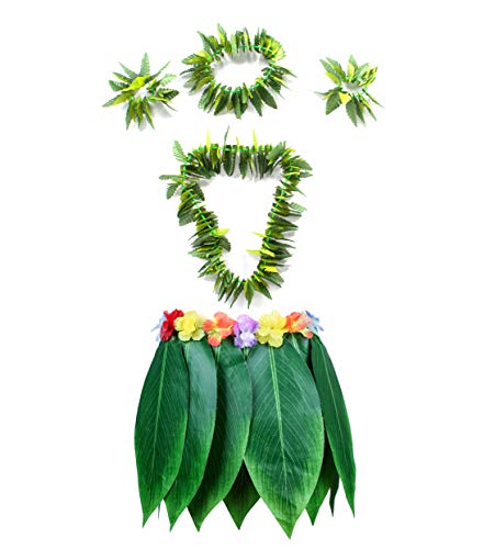 Product Cover Fortuning's JDS Hawaiian Hula Leaf Grass Skirt Necklaces Bracelets Headband Luau Party Supplies (5Pcs)