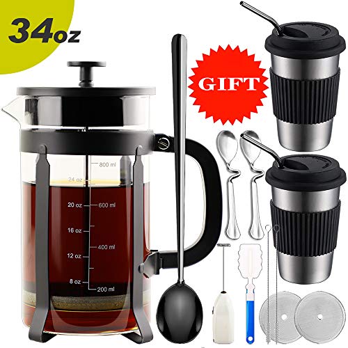 Product Cover ADAMITA French Press Coffee Maker 8 cups 34 oz 304 Stainless Steel Coffee Press with 4 Filter Screens, Easy Clean Heat Resistant Borosilicate Glass - Free 100% BPA (D-Style-Black, 34 oz)