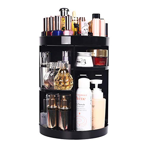 Product Cover Upgraded 360 Degree Spinning Makeup Organizer, sanipoe Adjustable Makeup Carousel Round Rotating Storage Stand Rack, Large Ondisplay Shelf Cosmetics Organizer, Great for Countertop and Bathroom, Black