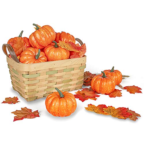 Product Cover DomeStar Artificial Pumpkins for Decoration, 12PCS Mini Fake Pumpkins with 30PCS Lifelike Maple Leaves, Artificial Vegetables for Halloween Thanksgiving Autumn Ornaments