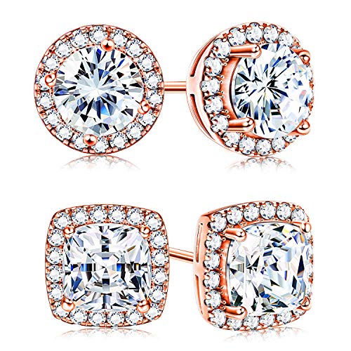 Product Cover Adramata Rose Gold Cubic Zirconia Halo Stud Earrings for Women Round & Square Cut CZ Earrings Set