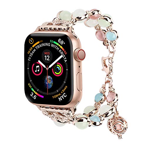 Product Cover TILON for Apple Watch Band 42mm 44mm Series 4/3/2/1, Adjustable Wristband Handmade Night Luminous Pearl iWatch Bracelet with Essential Oil/Perfume Storage Pendant for Women/Girls(Rose Gold)