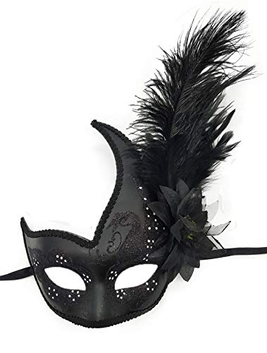 Product Cover Women's Feather Masquerade Mask Venetian Halloween Mardi Gras Costumes Party Ball Prom Mask (ZA Black)