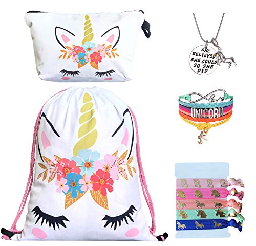 Product Cover Unicorn Gifts for Girls - Unicorn Drawstring Backpack/Makeup Bag/Bracelet/Inspirational Necklace/Hair Ties (White Flower)