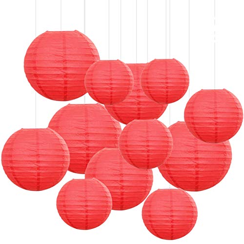 Product Cover 12PCS Paper Lanterns with Assorted Colors and Sizes Paper Lanterns Decorative,Chinese/Japanese Paper Hanging Decorations Ball Lanterns Lamps for Home Decor, Parties, and Weddings (Red)