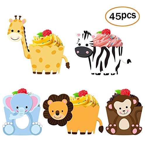 Product Cover 45 Pack Zoo Animal Cupcake Toppers Cupcake Wrappers For Jungle Safari Baby Shower Decorations,Kids Birthday Party Supplies