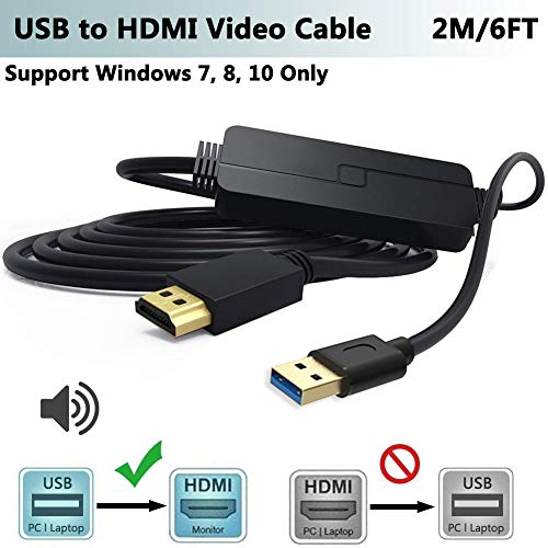 Product Cover USB to HDMI Adapter Cable 6FT Only Support Windows 10/8.1/8/7(NO XP/Vista/Mac OS),USB 3.0 to HDMI Converter/Connector Cord with Audio Video 1080P for Surface Pro,HP,Dell,Lenovo,PC,Laptop to TV,Monitor