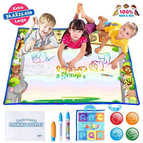 Product Cover JVIGUE Large Water Doodle Mat - Portable Magic Water Drawing Mat Pad with 3 Water Pens and Drawing Booklet, Kids Educational Travel Toys Gift for Boy Girl Toddlers Age 1- 6, 36.6 X 25.6 Inch