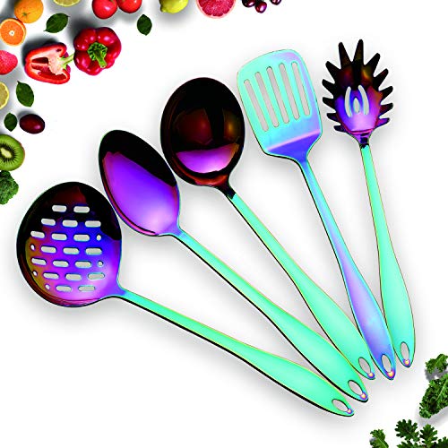 Product Cover HOMQUEN Stainless Steel Kitchen Utensil Set - 5 Cooking Utensils, Rainbow Color Nonstick Kitchen Utensils Set, Colorful Titanium Plated Set Kitchen Tools Gadgets