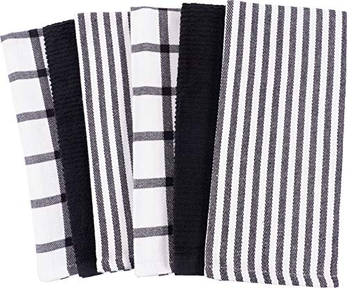 Product Cover Mixed Flat & Terry Kitchen Towels | Two Sets of 3 18 x 28 Inches | 4 Flat Weave Towels for Cooking and Drying Dishes and 2 Terry Towels, for House Cleaning and Tackling Messes and Spills (Black)