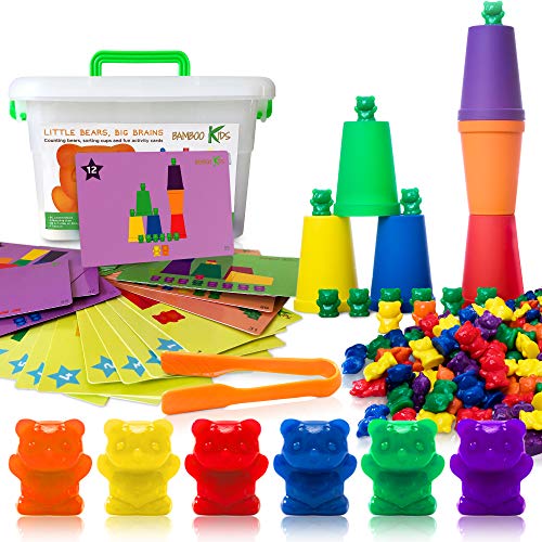 Product Cover Bambookids Rainbow Counting/Sorting Bears with Matching Cups and Original Printed Activity Cards | Large Tweezer and Storage Container | Color Sorting Toys for Toddlers | Montessori Counting Toys