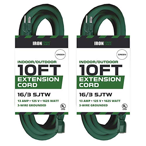 Product Cover 2 Pack of 10 Ft Outdoor Extension Cords - 16/3 Durable Green 3 Prong Extension Cord Pack